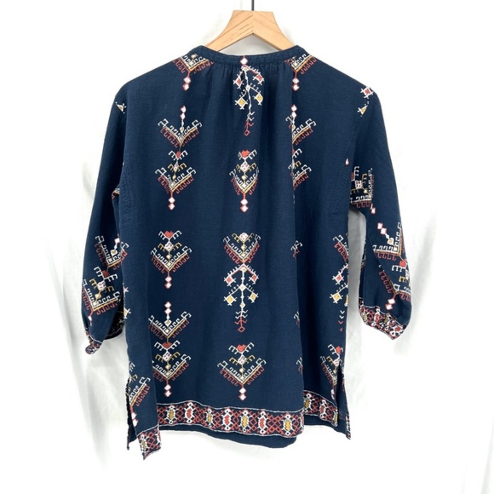 madewell folkstitch popover peasant blouse boho top navy blue southwestern‎ XS - Picture 7 of 9